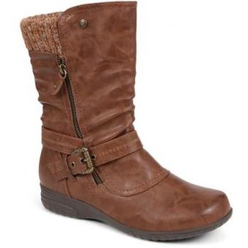 Bottes mi-mollet en laine brune à revers tissés, boucles intégrées