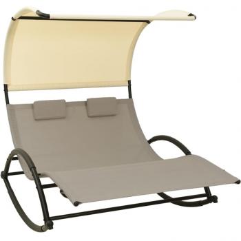 Double Sun Lounger with Canopy Textilene by Vidaxl, Color: Taupe & Cream