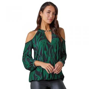 Bottle Green Abstract Cold‑Shoulder Stretch Top for Women – Size 14