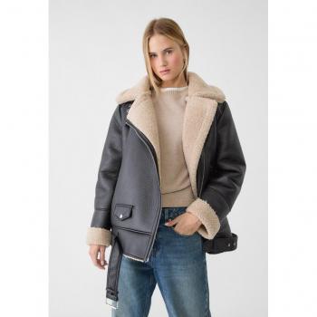 Double-Faced Biker Jacket with Contrast Faux Fur - Black L