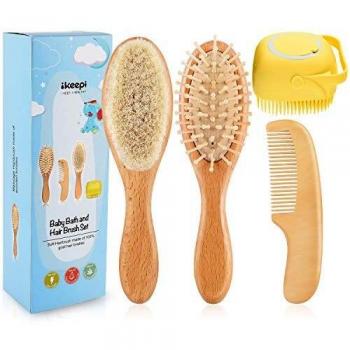 Holzhaar-Kammset mit Ziegenborste und Silikonbürste – Babypflege