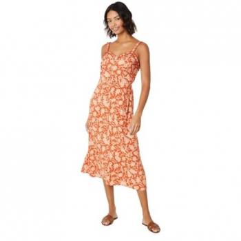 Womens Floral Button Through Frill Neckline Midi Dress - Rust - 16
