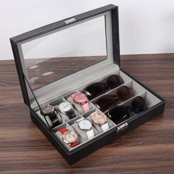 Caja de almacenamiento en cuero para relojes, anteojos y gafas, diseño marrón y negro
