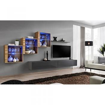 Mur Décor AC‑DÉCO – Switch XX, 3 vitrines, 2 bancs TV – Bois & Graphite
