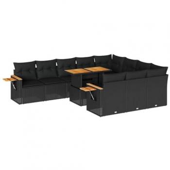 Set Divani Giardino 10pz con Cuscini Nero in Polyrattan Acacia