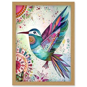 Light Oak Mandala Hummingbird – Folk Art Print, A4