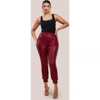 Goddiva Sequin Cuffed Ankle Trouser - Wine