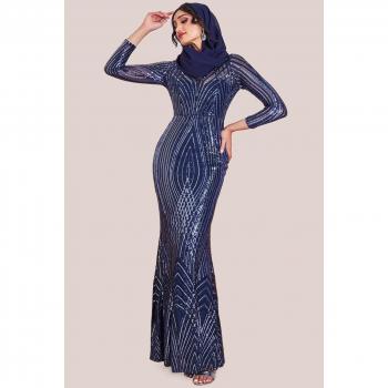 Goddiva Womens Modesty Two Toned Sequin Maxi - Navy - Size 16 UK