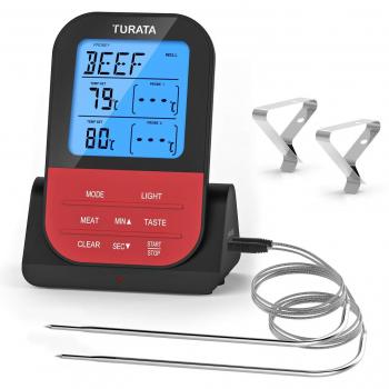 Meat thermometer, Turata, waterproof, dual probe, kitchen and BBQ thermometer, wireless, black
