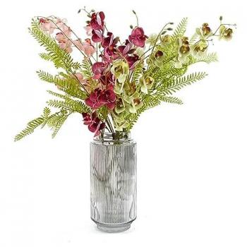 Leaf Mixed Wild Orchid and Ferns Glass Vase Dark Pink 65cm H X 55cm W X 55cm D