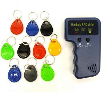 Portable 125KHz RFID Duplicator Copier Programmer Reader with EM4305 T5577, 10 Keys, 10 Rewritable ID Keyfobs Tags Card