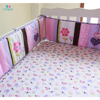 Purple 100% Cotton Newborn Baby Bed Bumper Set with Embroidered Cartoon Blanket and Sheet