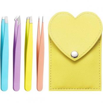 Stainless Steel Eyebrow Tweezers Set with Leather Case
