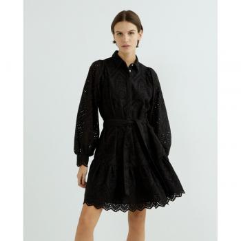 Vestido corto de manga larga Holi negro con cinturón y corte holgado