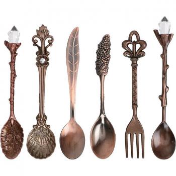 Vintage Flower Carved Dessert Fork and Spoon Set - 6 Pieces
