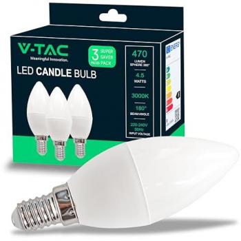 Ampoule LED V‑TAC E14 4,5 W bougie 3000 K – pack 3 unités