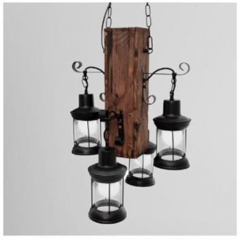 Lampadario a Sospensione Rustico Industrial Con Lanterne E27 Legno Metallo B54-4