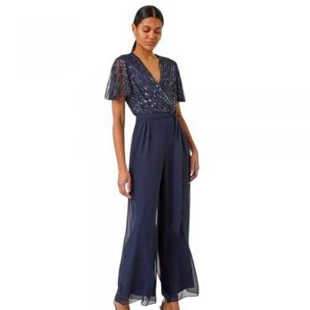Roman Blue Embellished Beaded V-Neck Jumpsuit