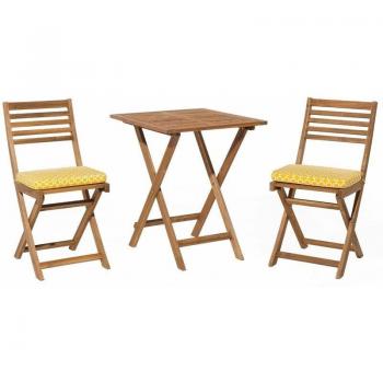 Folding Bistro Set with Light Acacia and Yellow Cushions