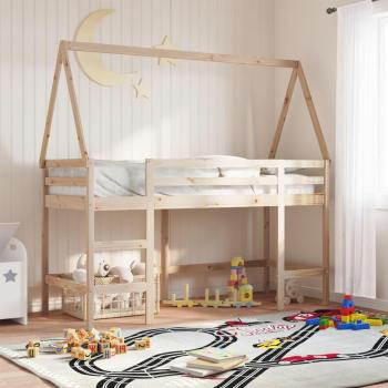 Letto Soppalco 90x200 cm in Legno di Pino con Scala e Tetto