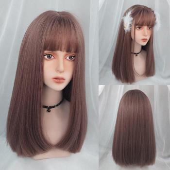 Light Orange Medium-Length Cosplay Wig with Bangs – Synthetic Straight Heat-Resistant Hair