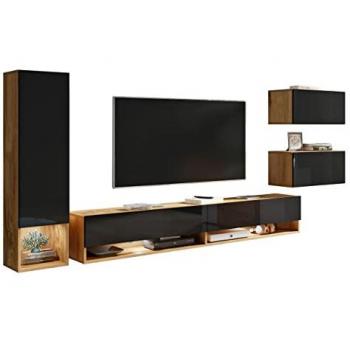 Mobilier1 - Conjunto de salón Sarasota 124, Wotan roble + Negro brillante, Con mesa de tv, Partes separadas, Aglomerado laminado, 130x33cm, led