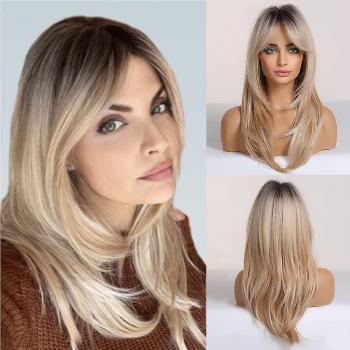Perruque synthétique blonde longue, légère ondulation et frange subtile