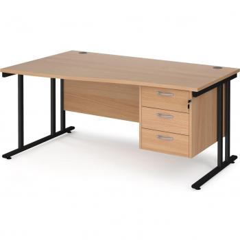 Maestro 25 Left Hand Wave Desk 1600mm Wide with 3 Drawer Pedestal - Black Cantilever Leg Frame, Beech Top