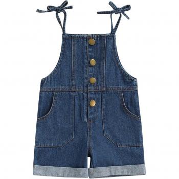 2022 Kids Girls Denim Overall Shorts with Lacing and Button Closure