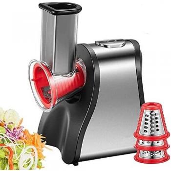 Grattugia Elettrica 200W Tritatutto con 4 Accessori e Tubo di Alimentazione per Tritare/Affettare/Mescolare Alimenti (Formaggio/Cipolle/Pesto/Insalata/Carota)