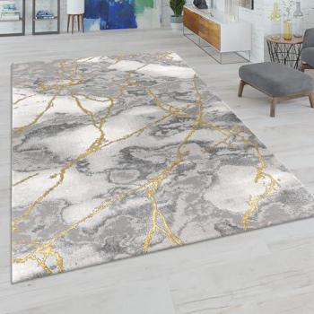 Tapis à Poils Ras Design Marbre Abstrait Gris Doré 80x150 cm