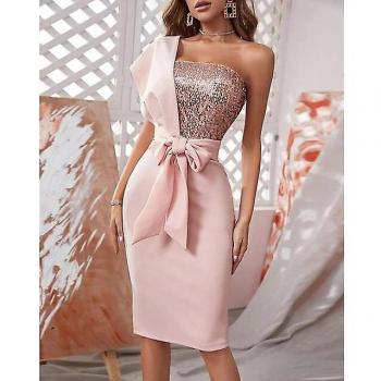 Robe cocktail femme paillettes rose manches courtes M
