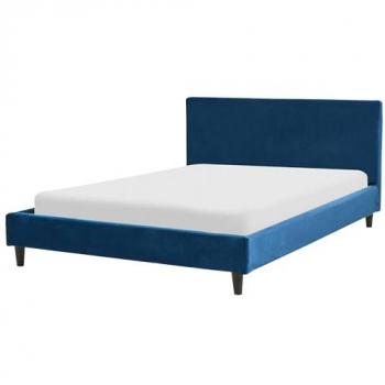 BELIANI Modern Velvet EU Double Size Bed Frame 4ft6 Slatted Base Panel Bed Wooden Legs Navy Blue Fitou