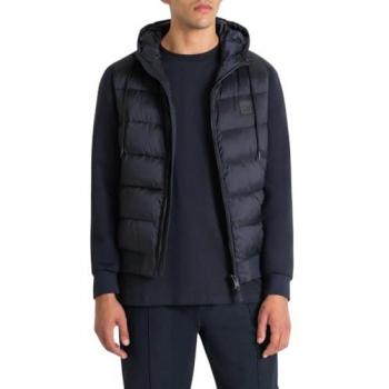 Plumífero Slim Fit de Nailon Azul con Mangas de Tejido Scuba para Hombre
