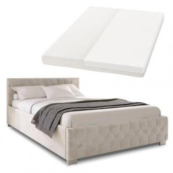 Polsterbett Nizza 140x200 cm mit Matratze - Bettgestell mit Lattenrost, Stauraum & led Beleuchtung – Samtbezug, Chesterfield-Steppung - Beige - Juskys