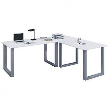 Bureau d'angle avec pieds en U, B 1600 x D 800/1600 x H 760 mm, blanc et argenté