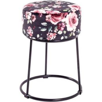 Tabouret en Velours Motif Fleurs 46cm Noir & Rose