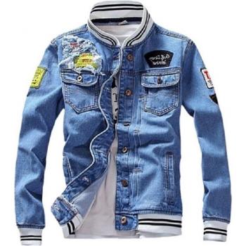 Abrigo Denim Ajustado con Cuello Levantado