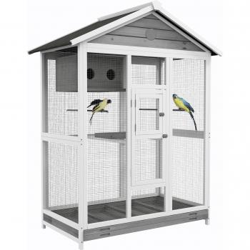 PawHut Vogelkäfig mit Sitzstange, Asphaltdach weiß, grau 112L x 68B x 154H cm