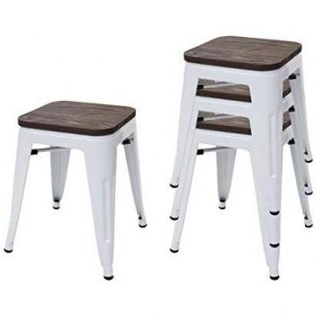 HWC-A73 Hocker-Set mit Holz-Sitzfläche - Weiß