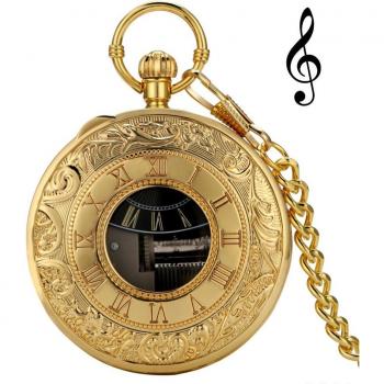 Reloj de bolsillo de oro con movimiento musical y números romanos