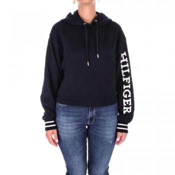 Felpa Donna Tommy Hilfiger Blu Relaxed Fit Crop Hoodie Monotype