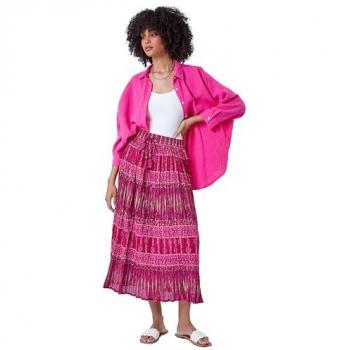 Crinkle Cotton Metallic Foil A-Line Midi Skirt