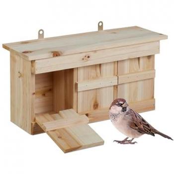 Relaxdays - Nesting Box for Sparrows, 3 Chambers, Fir Wood, Entrance Hole HxW: 3x2 cm