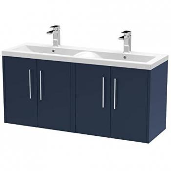 Hudson Reed Juno Wall Hung 4 Door Vanity Unit with Double Ceramic Basin | Midnight Blue | MFC | 1200mm