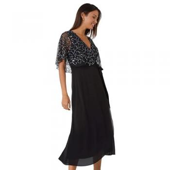Sequin‑Studded Chiffon Maxi Dress – Wrap Style, Black