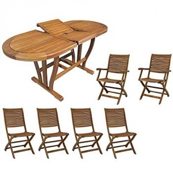 Set Tavolo Giardino Allungabile Ovale 180/240 X 100 con 4 Sedie e 2 Poltrone in Legno di Acacia Massiccio