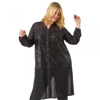 Curve Sequin V‑Neck Chiffon Dress Shirt