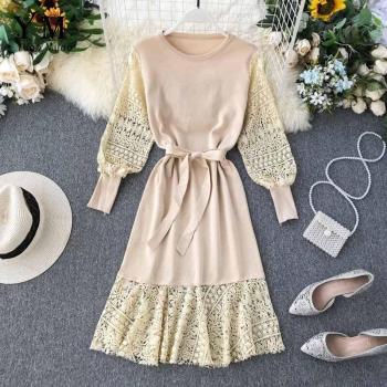 Vestido de Fiesta Rosa de Encaje y Ganchillo con Manga Larga para Otoño Invierno, Fajas Tipo Bandage, Vestido de Dama