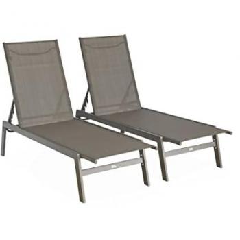 SWEEEK Pair of textilene and metal multi-position loungers, Flora, Brown, 155x59x106 cm